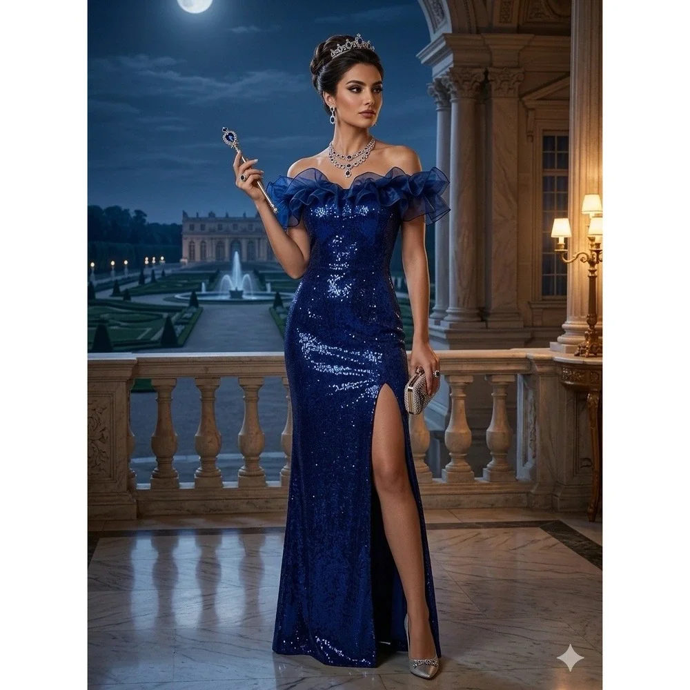 Sherri Hill 55328 Navy Blue Sequin Off-The-Shoulder Ruffle Gown – Size 00
